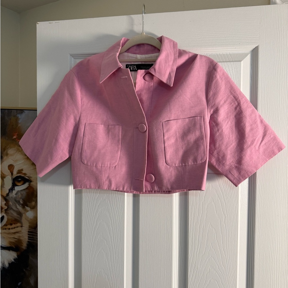 Zara Light Pink Cropped Button Jacket
